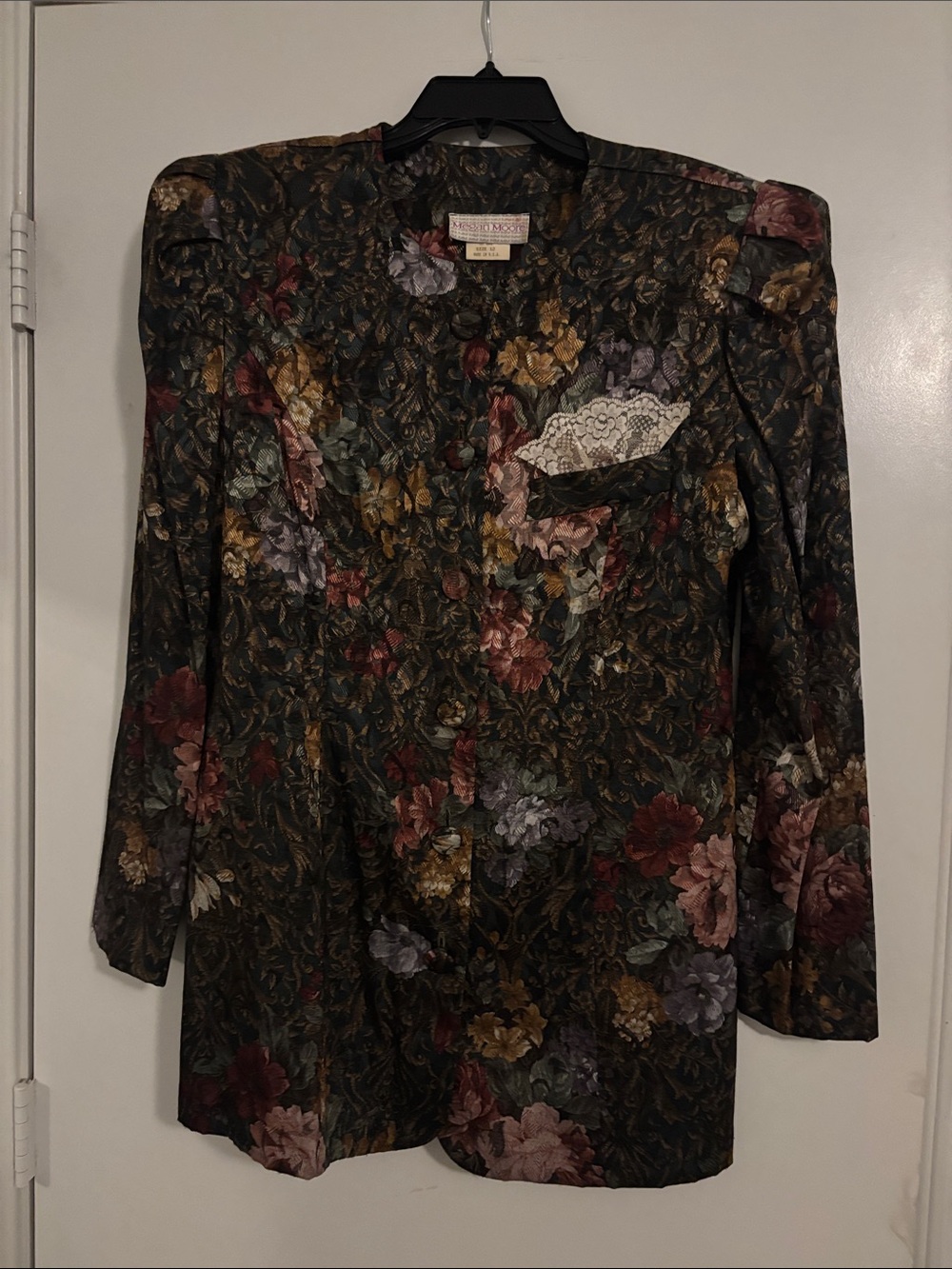 Vintage Floral Blazer Jacket w/Skirt - Dark Green with Multicolor Floral